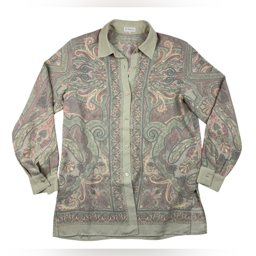 Burberry Paisley Classic Thin Button Front Blouse Shirt Women 7 Vtg BURBERRY